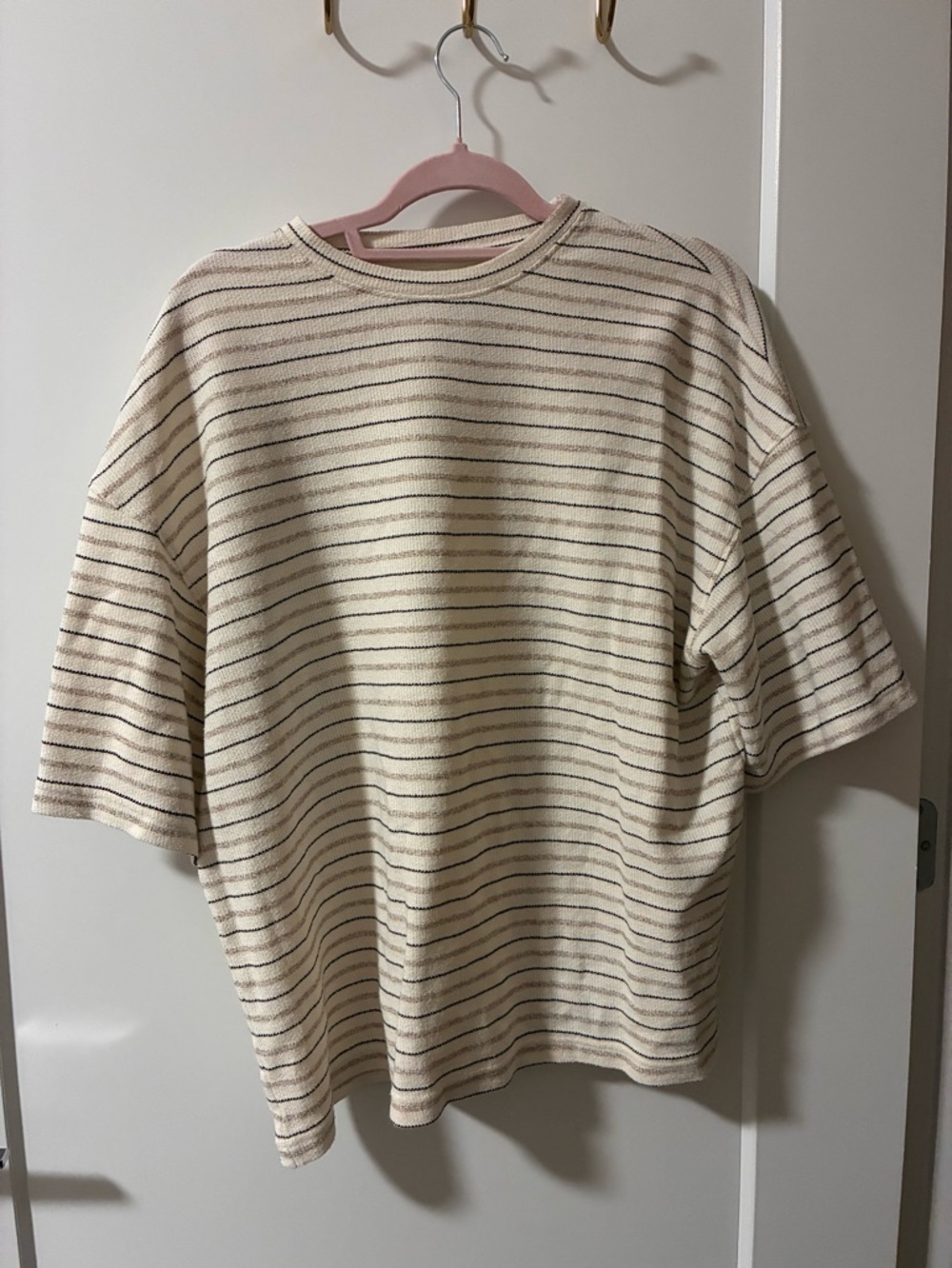 Cream Striped Short Sleeve Knit Top